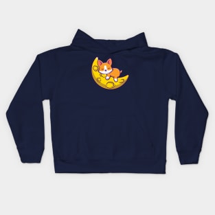 Cute Corgi Dog Sleeping On The Moon Cartoon Kids Hoodie